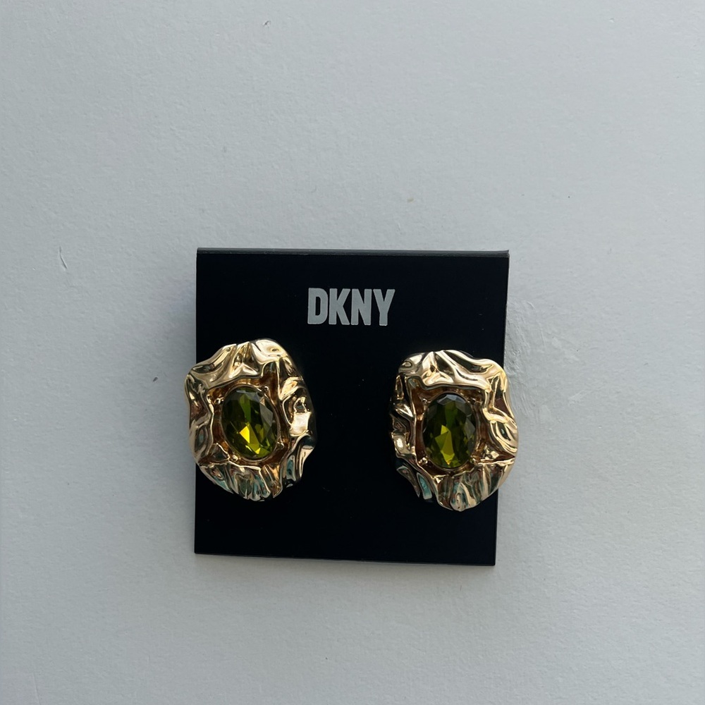 DKNY GoldTone with Green Gem Accent Earrings